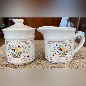 Cream Floral Basket Ceramic Sugar and Creamer Set